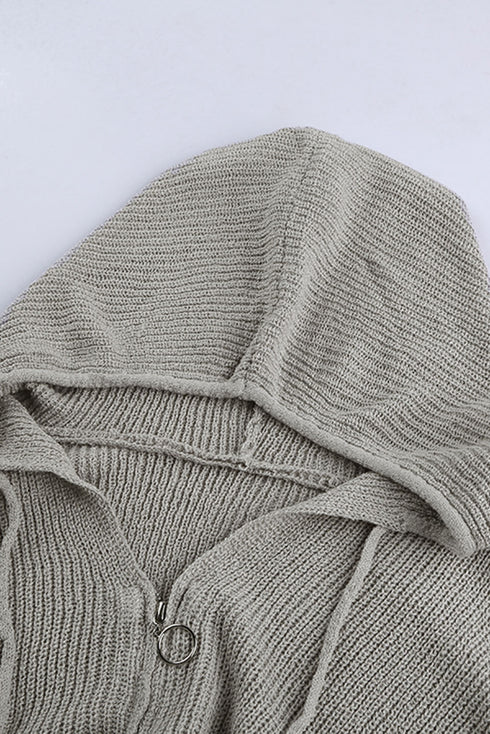 Zipper V-Neck Dropped Sleeve Hooded Solid Sweater